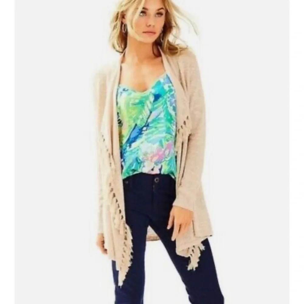 Lilly Pulitzer Lucita Lightweight Knit Fringe Detail Cardigan Sweater XS Tan